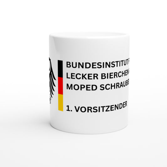 Tasse Weiß. Lecker Bierchen und Schrauben.