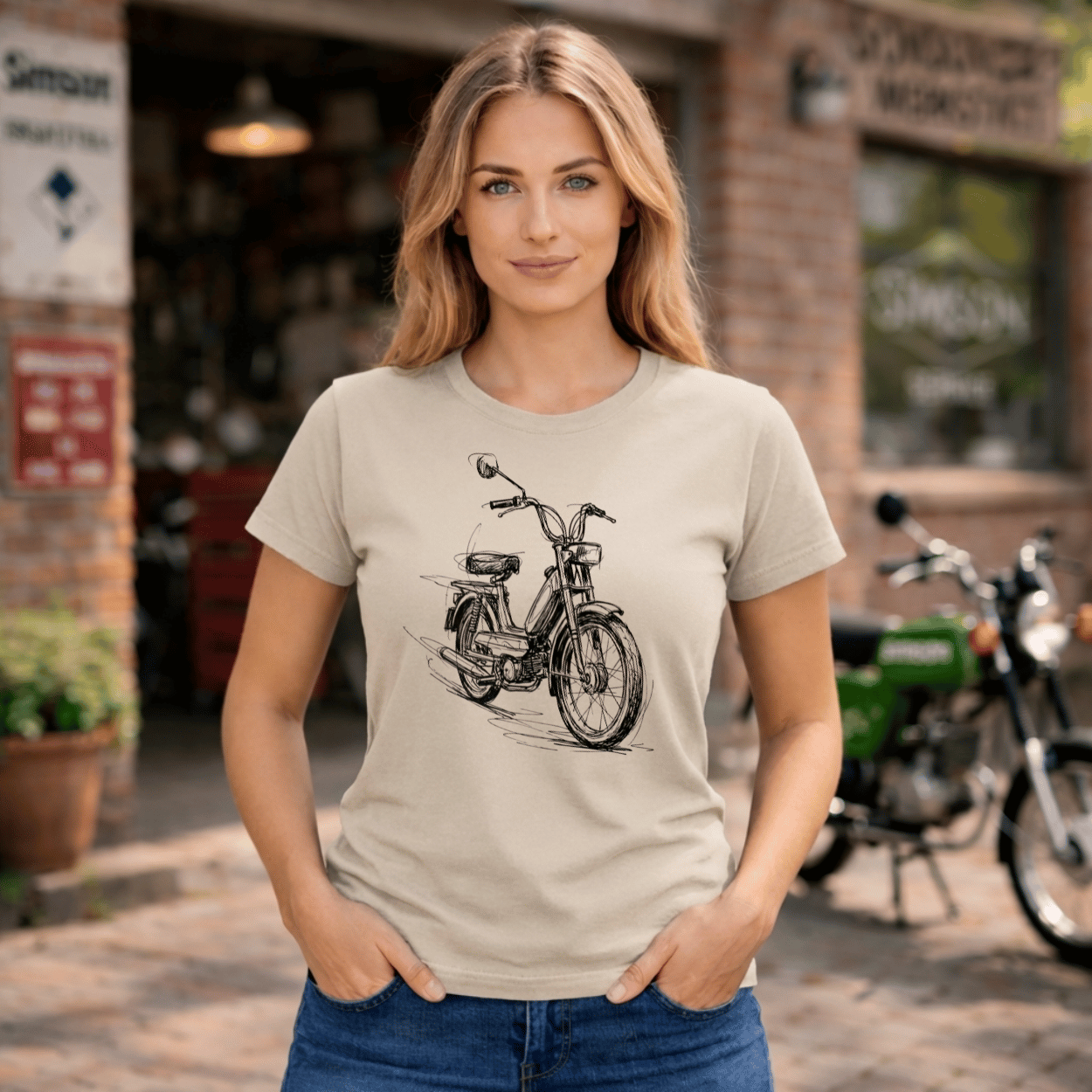 Mädels T-Shirt. Classic Moped Sketch.