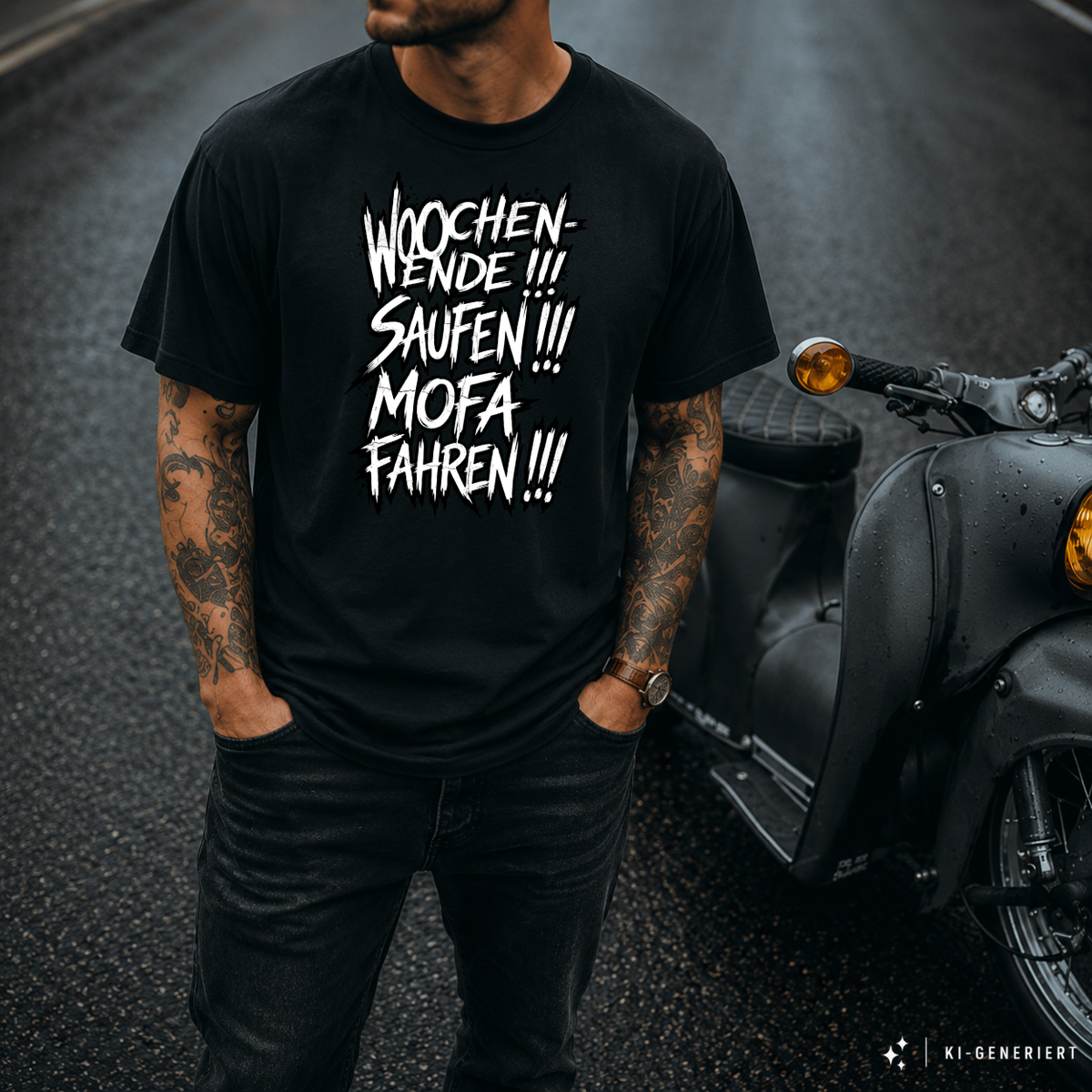 T-Shirt. Wochenende, Saufen, Mofa Fahren.