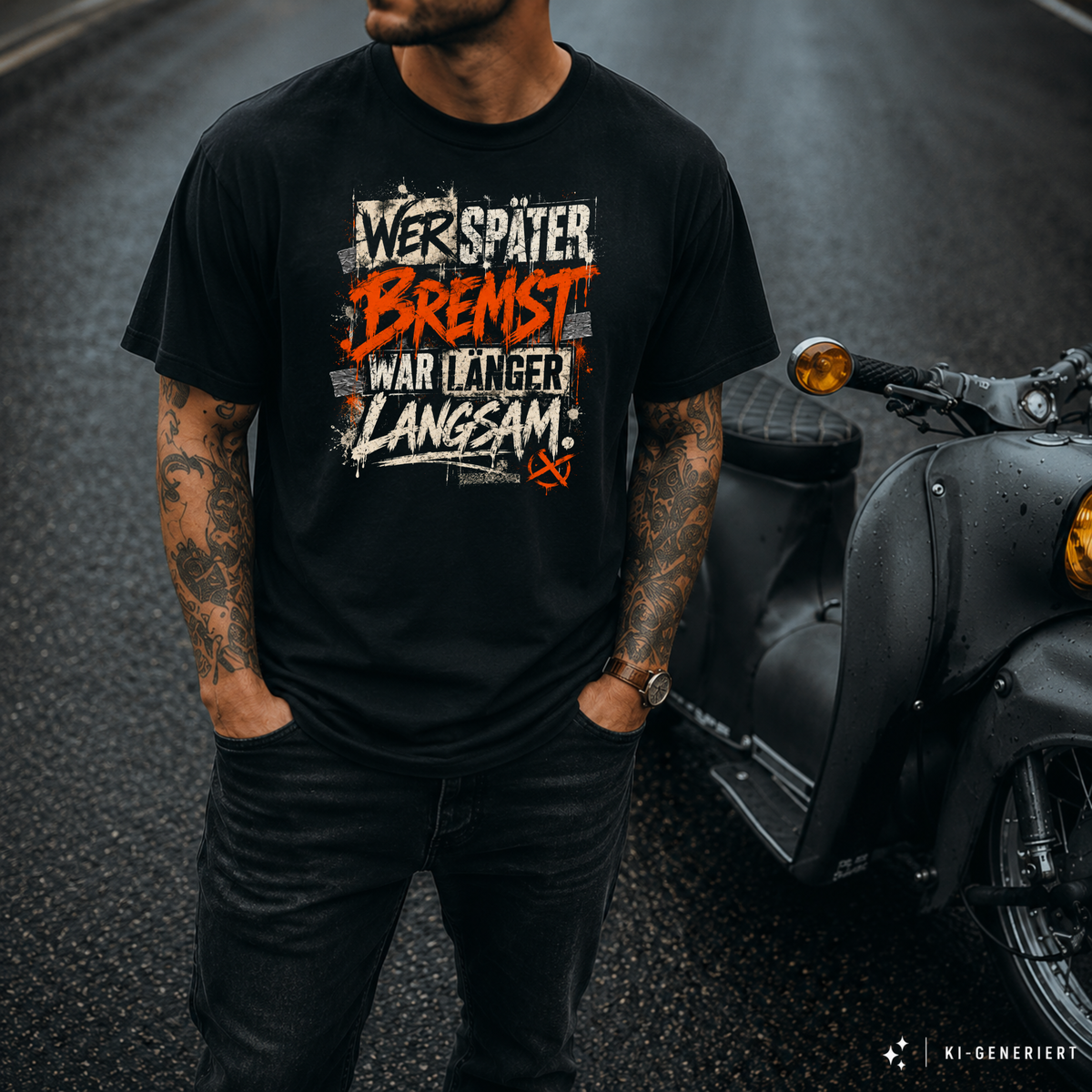 T-Shirt. Wer später bremst.