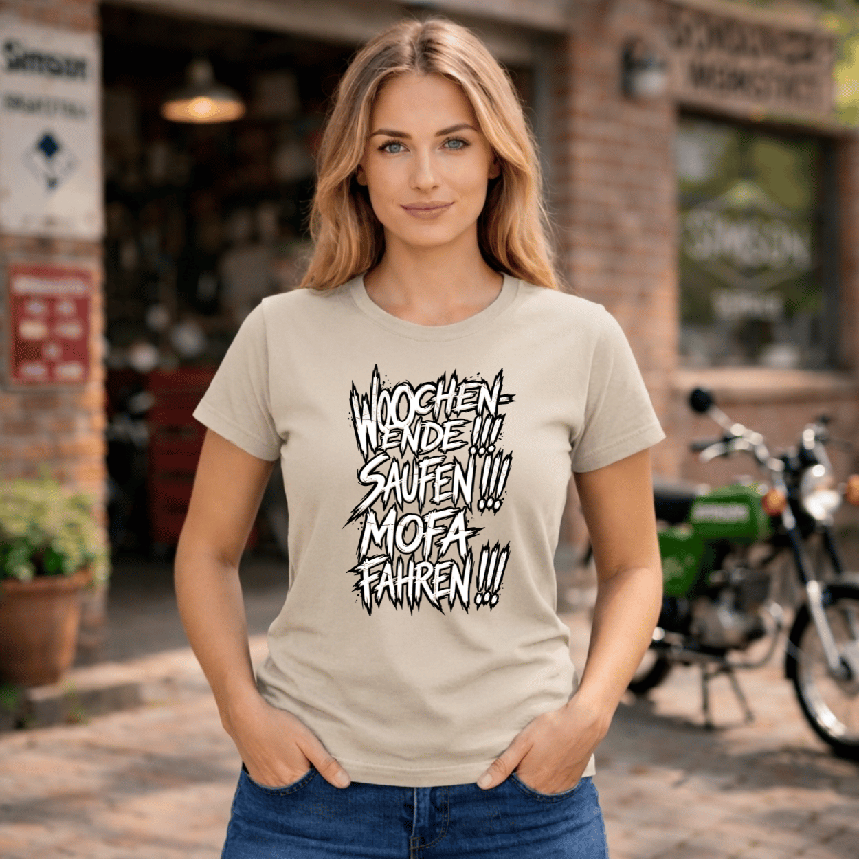 Mädels T-Shirt. Wochenende, Saufen, Mofa Fahren.