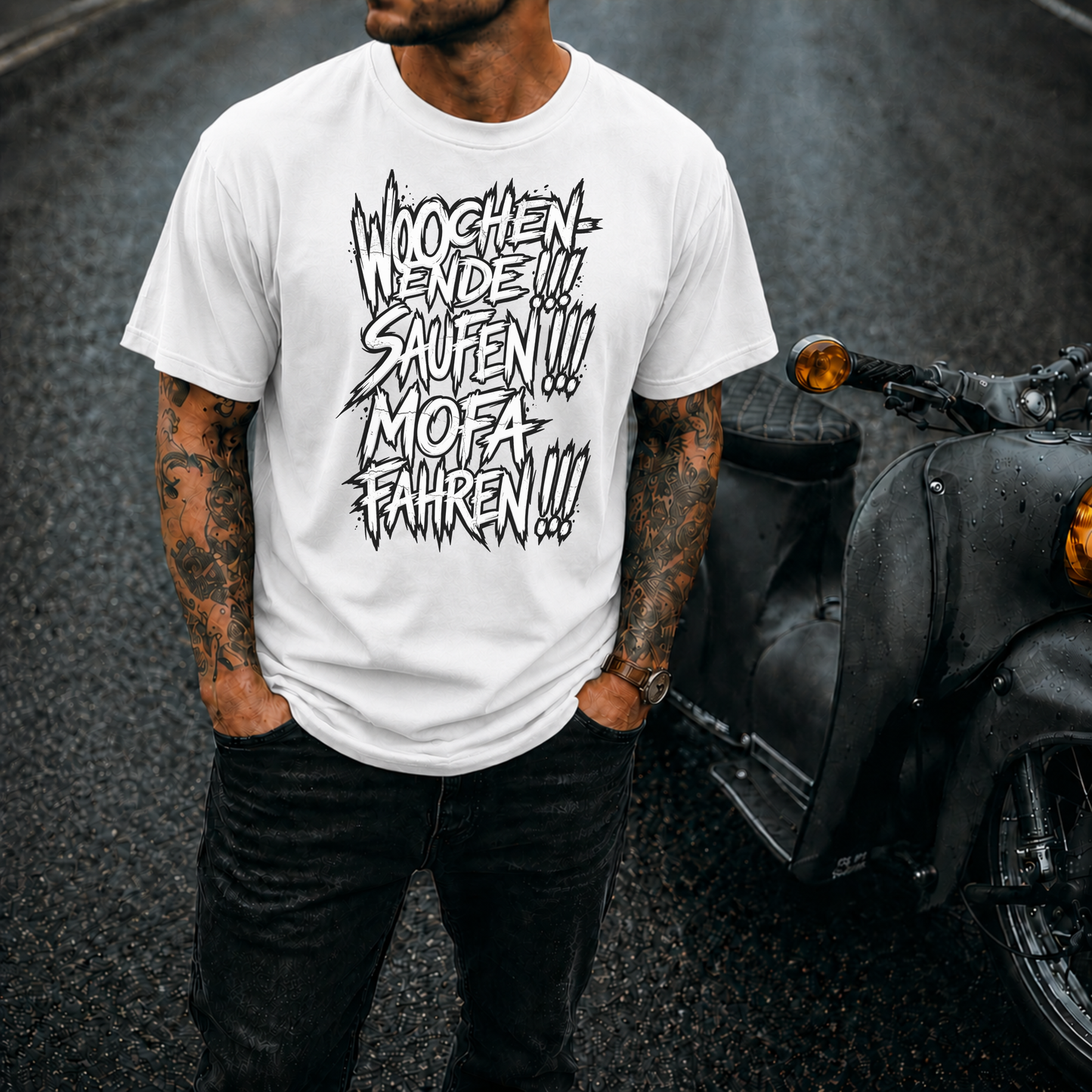 T-Shirt. Wochenende, Saufen, Mofa Fahren.