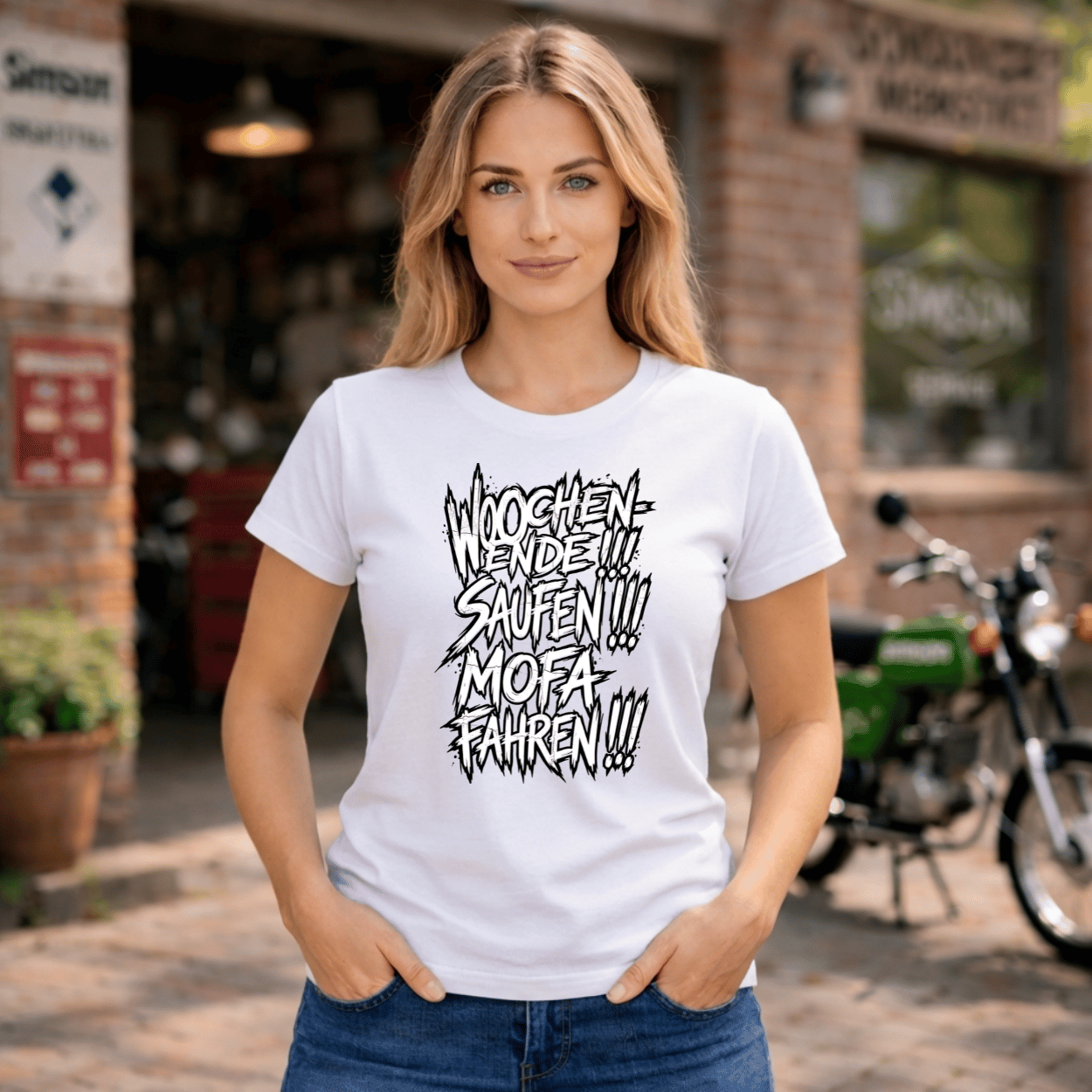 Mädels T-Shirt. Wochenende, Saufen, Mofa Fahren.
