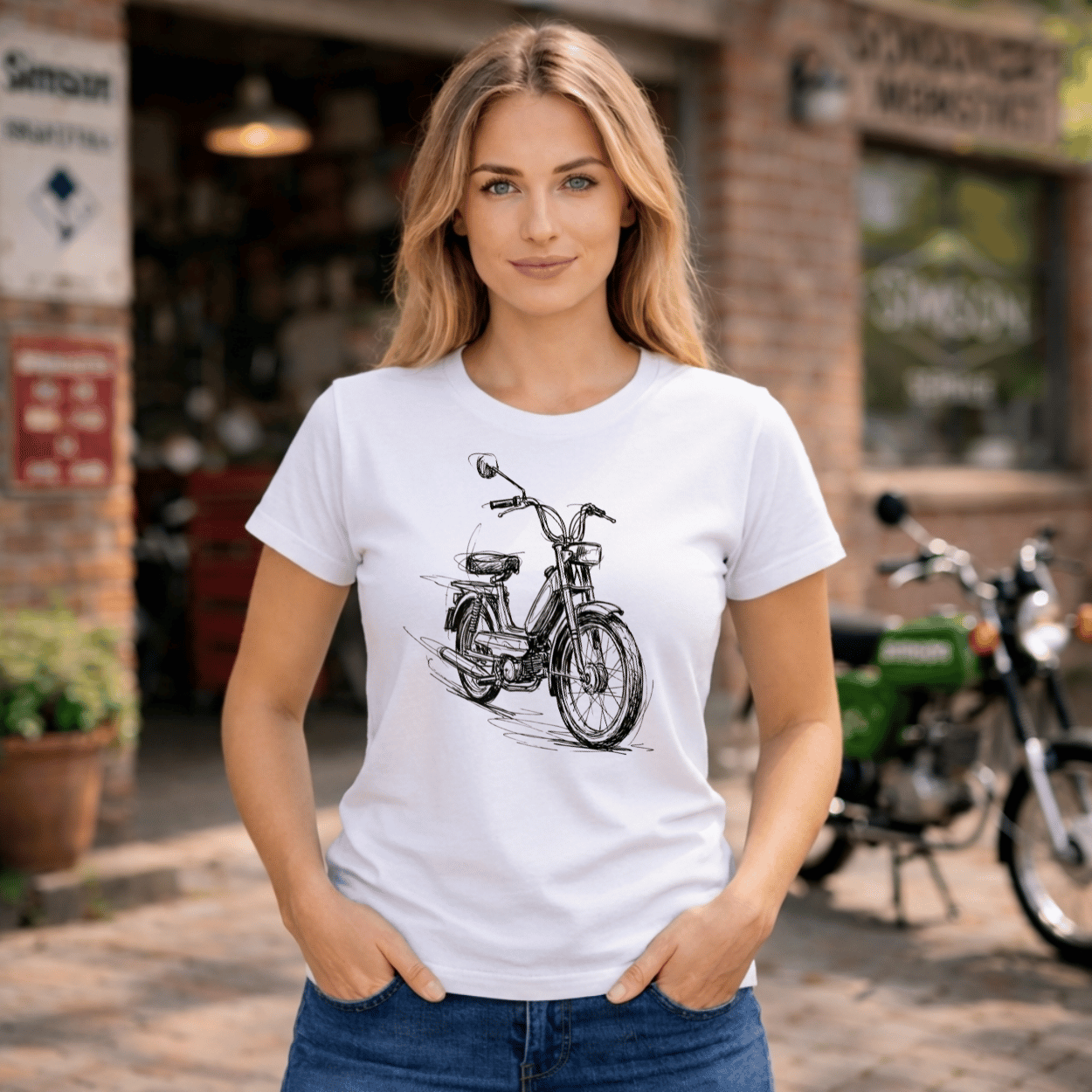 Mädels T-Shirt. Classic Moped Sketch.