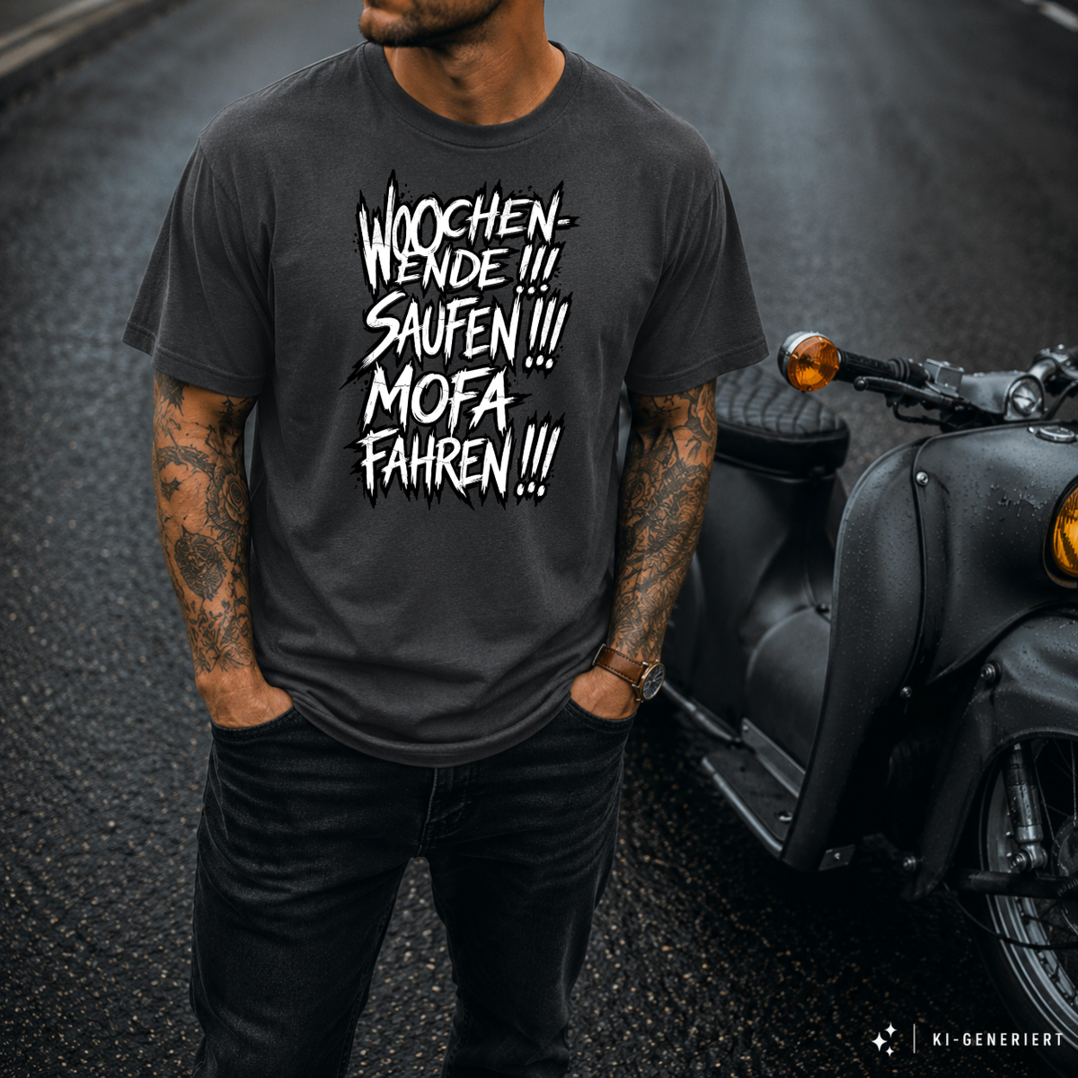 T-Shirt. Wochenende, Saufen, Mofa Fahren.