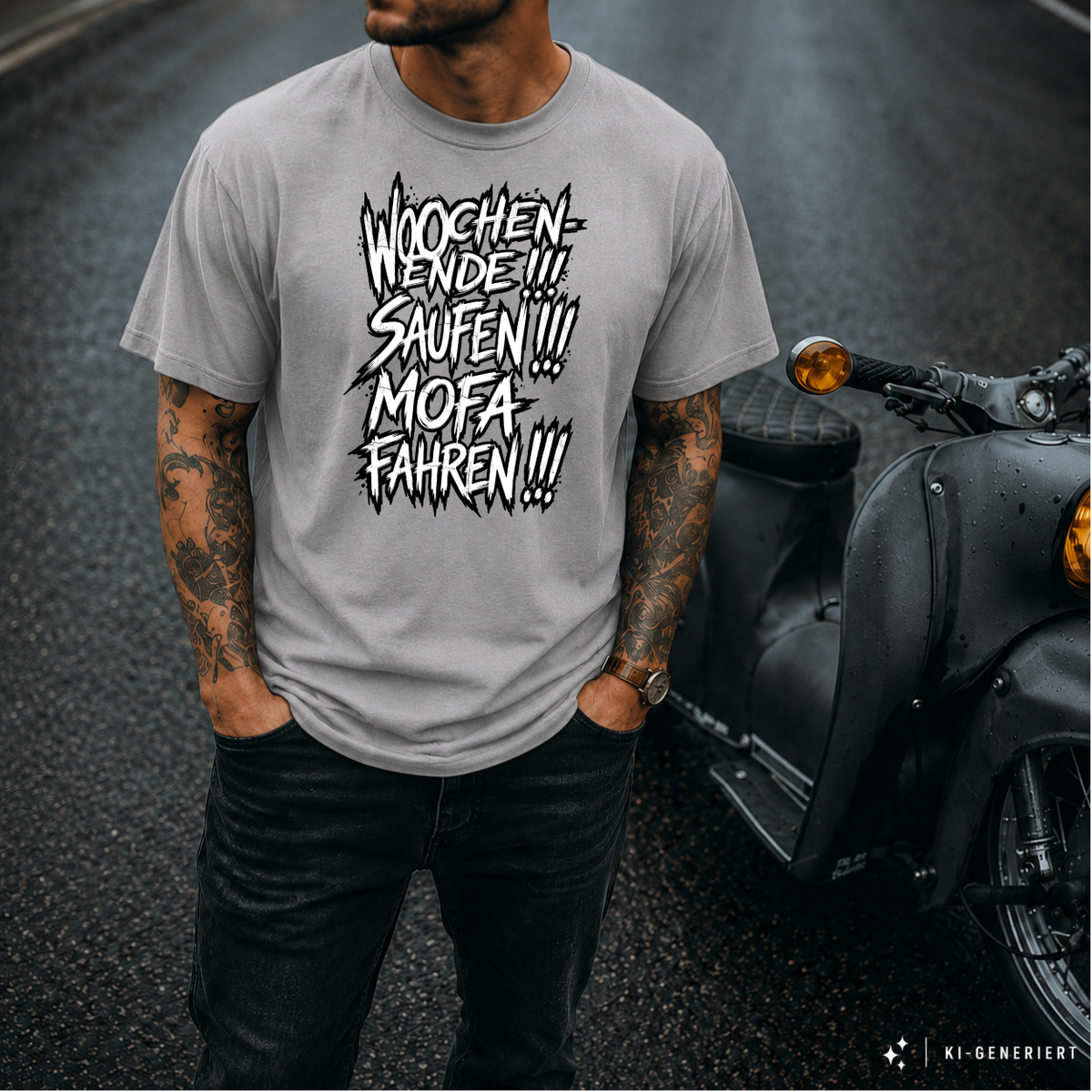 T-Shirt. Wochenende, Saufen, Mofa Fahren.