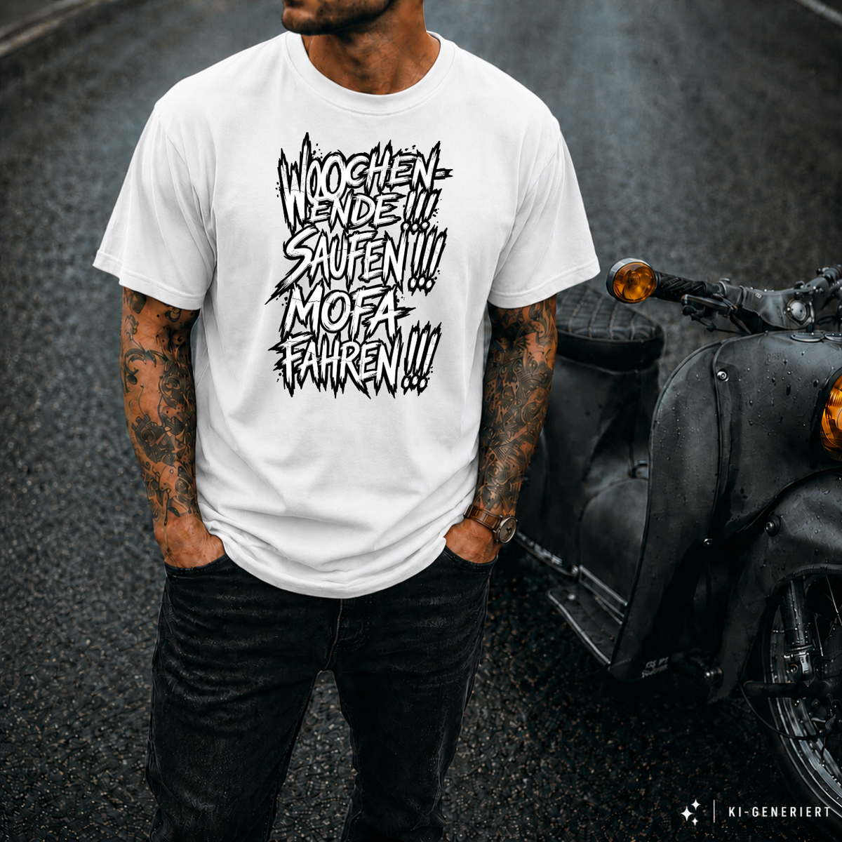 T-Shirt. Wochenende, Saufen, Mofa Fahren.