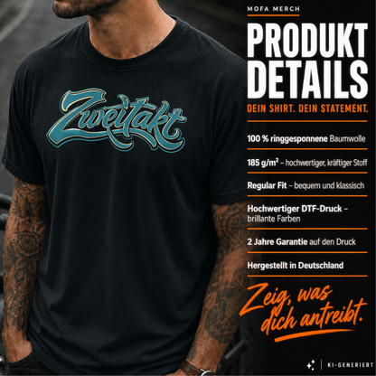 T-Shirt. Zweitakt Retro blau.