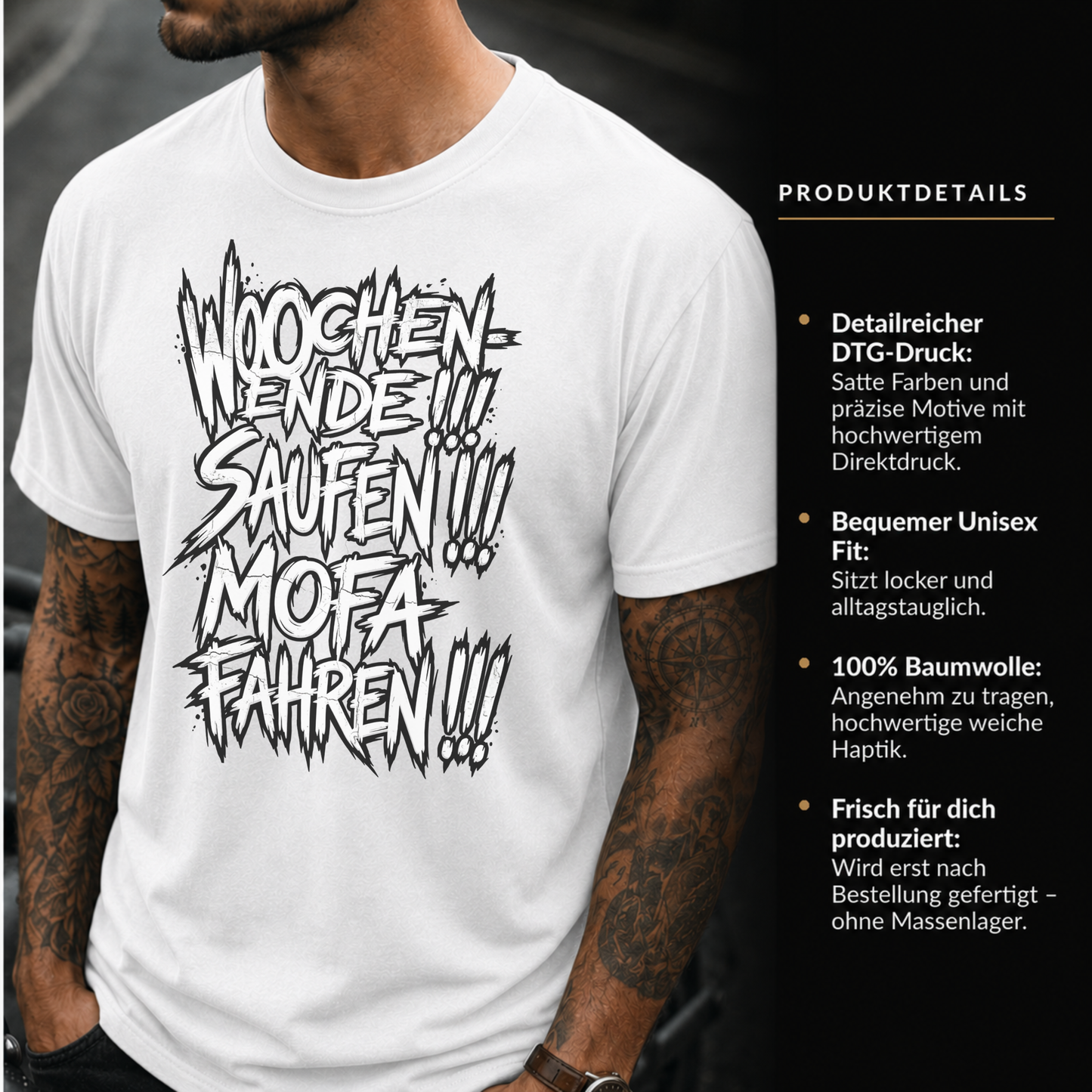 T-Shirt. Wochenende, Saufen, Mofa Fahren.
