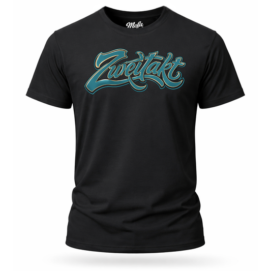 T-Shirt. Zweitakt Retro blau.