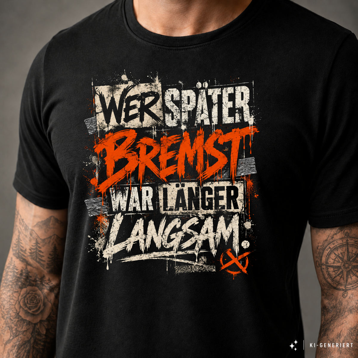 T-Shirt. Wer später bremst.
