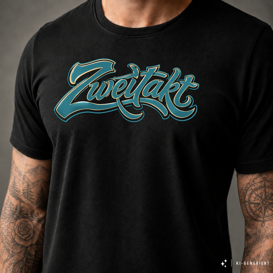 T-Shirt. Zweitakt Retro blau.