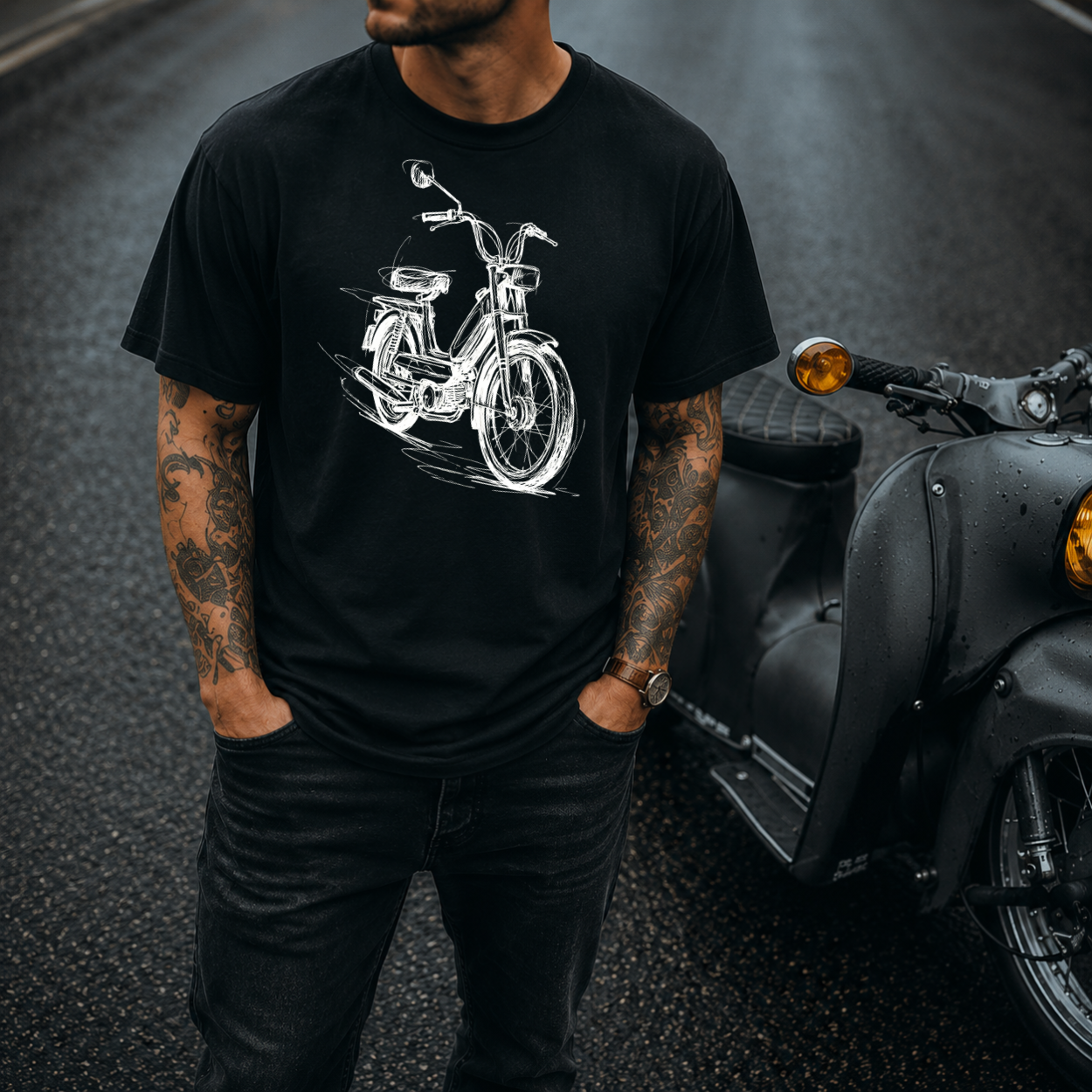 T-Shirt. Classic Moped Sketch.