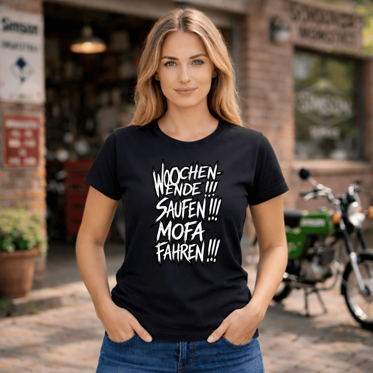 Mädels T-Shirt. Wochenende, Saufen, Mofa Fahren.
