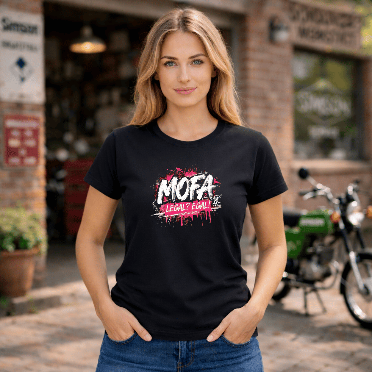 Mädels T-Shirt. Mofa Legal? Egal!