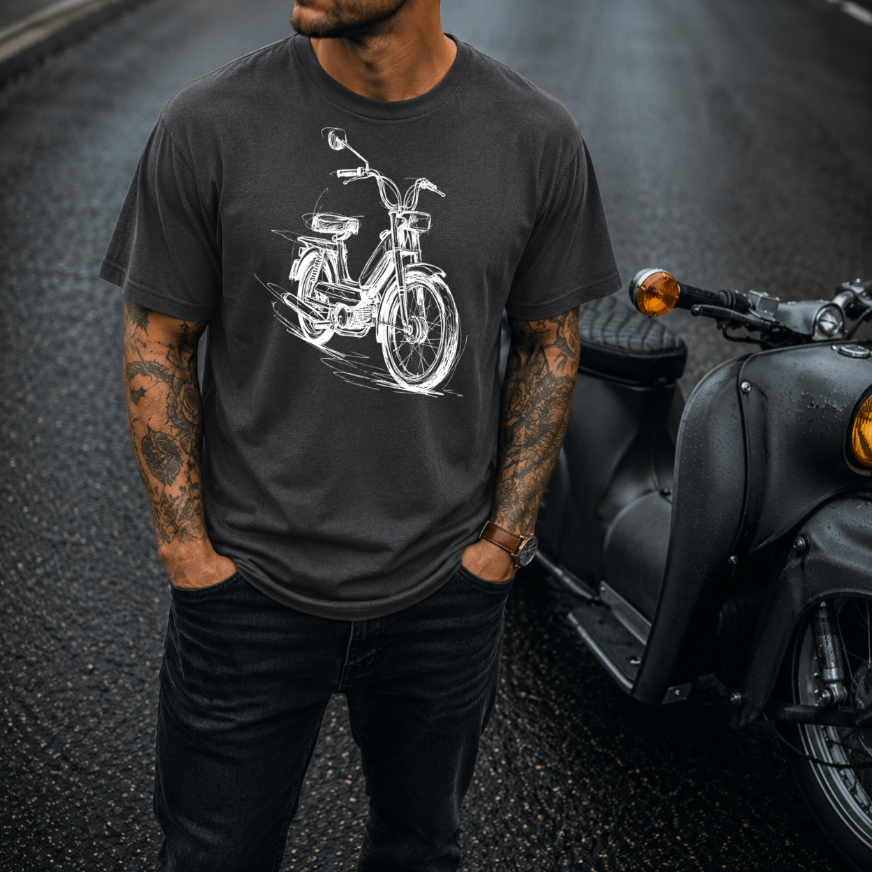 T-Shirt. Classic Moped Sketch.