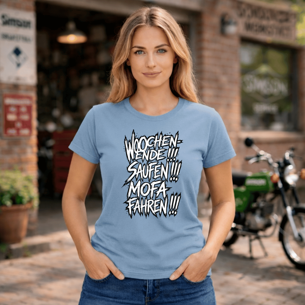 Mädels T-Shirt. Wochenende, Saufen, Mofa Fahren.